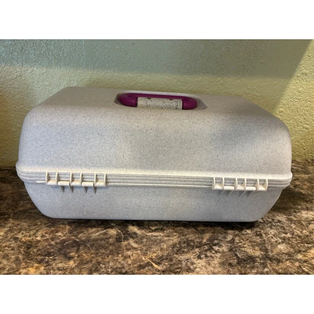 Vintage CABOODLES Case Large Grey Makeup Train Storage Box Mirror 2632 Speckled